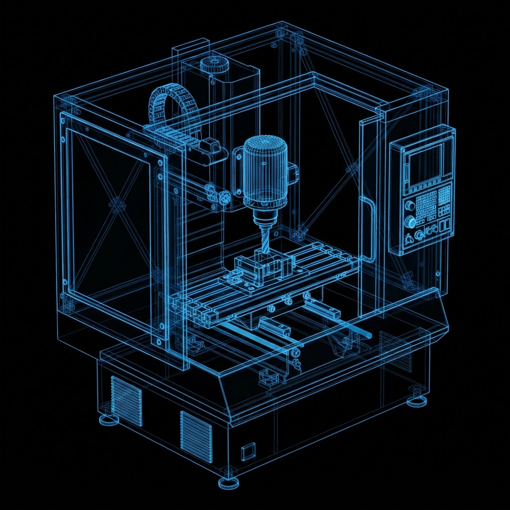 Wireframe rendering of a CNC vertical machining center