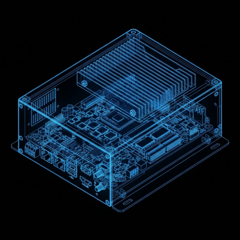 Wireframe rendering of the MTConnect edge gateway that streams machine telemetry to CNC Insight